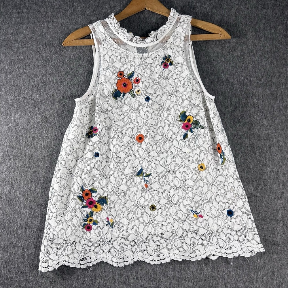Anthropologie Maeve Macie Tank Top SZ 2 Floral Embroidered Lace High Neck Ruffle